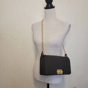 Black Quilted Jelly Crossbody Shoulder Bag Gold Chain Turn Lock Clasp